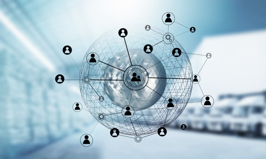 A digital illustration of a networked globe with human icons connected by lines, set against a blurred cityscape background.