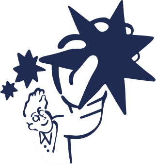 Logo featuring a stylized depiction of a scientist with a large, abstract starburst, in white and dark blue.