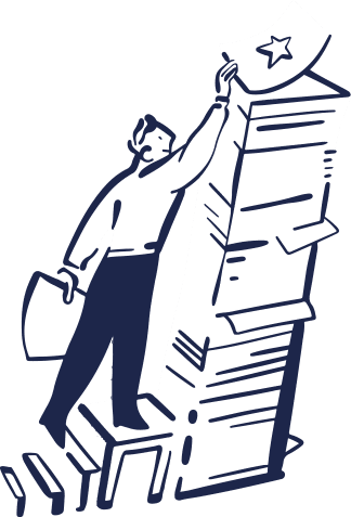 A man in business attire placing a star on top of a stacked pile of paperwork.
