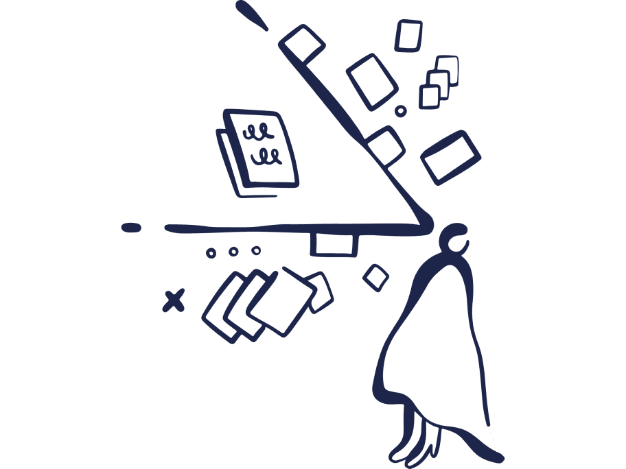 Illustration of a person with a cape looking at floating books and papers arranged in a line ascending to the right.