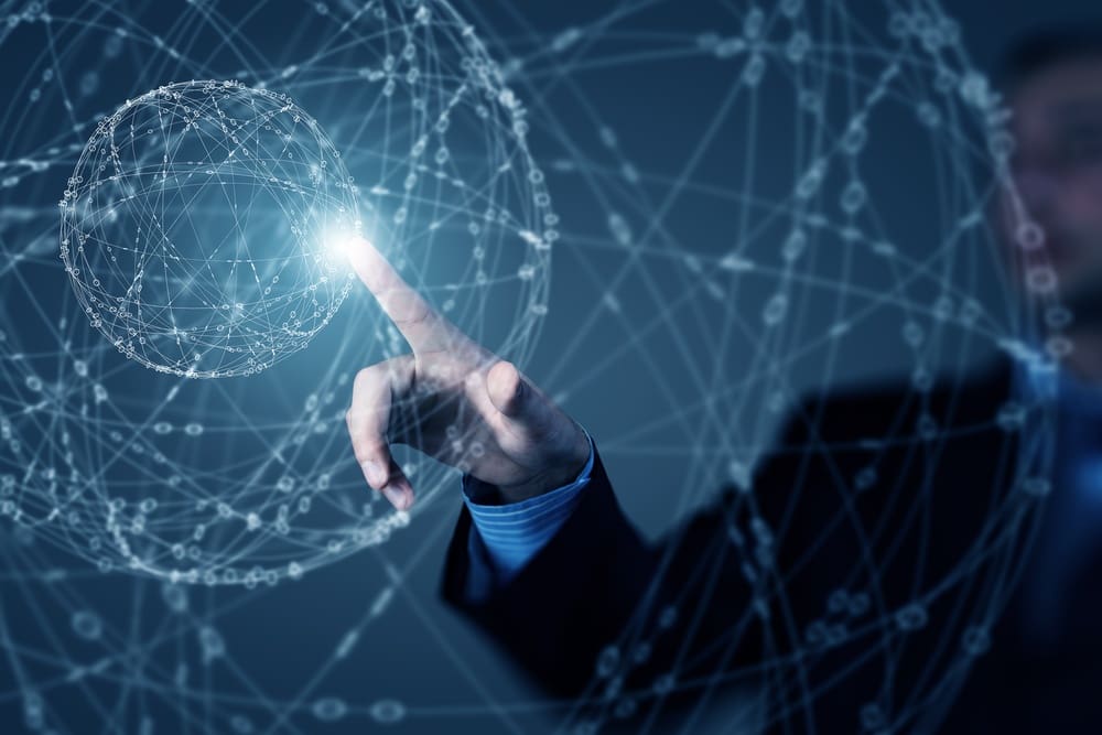 Man pointing at a screen with wireless connection futuristic